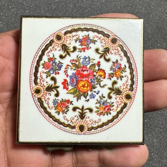 Vintage Handheld Compact Mosaic Floral Top Hinged Double Mirror - Picture 1 of 8